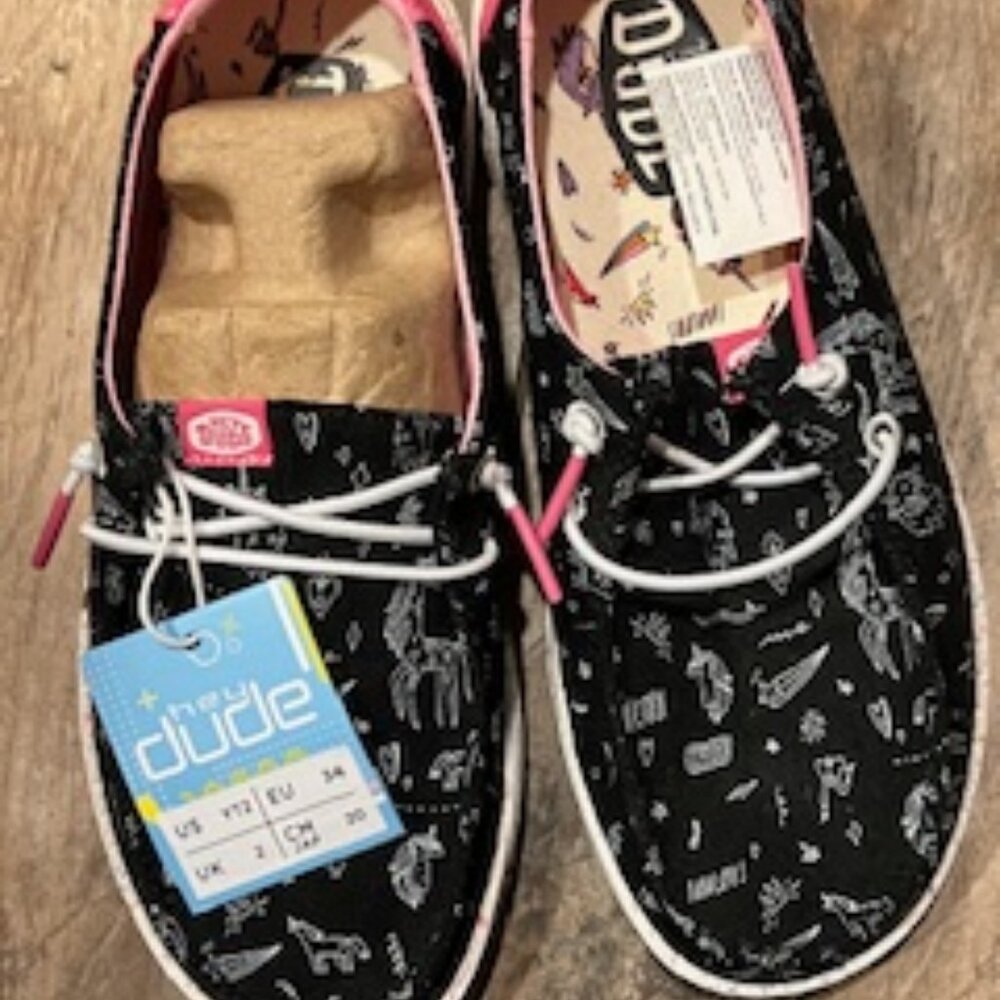Hey Dudes - Youth Size 2 - Black / White (Wendy Unicorn)